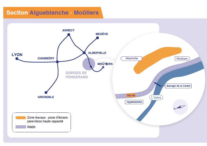 Zone de travaux dans la section entre Aigueblanche et Moûtiers